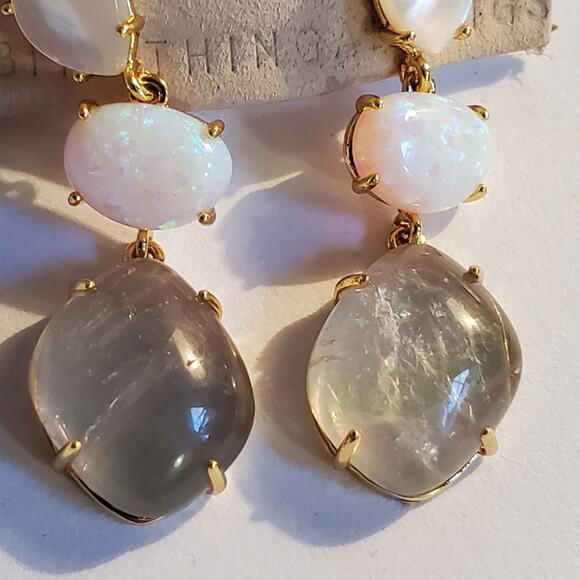 Anthropologie 3 tiered stone 1 drop post earrings Gold over brass New with tags - Picture 7 of 7